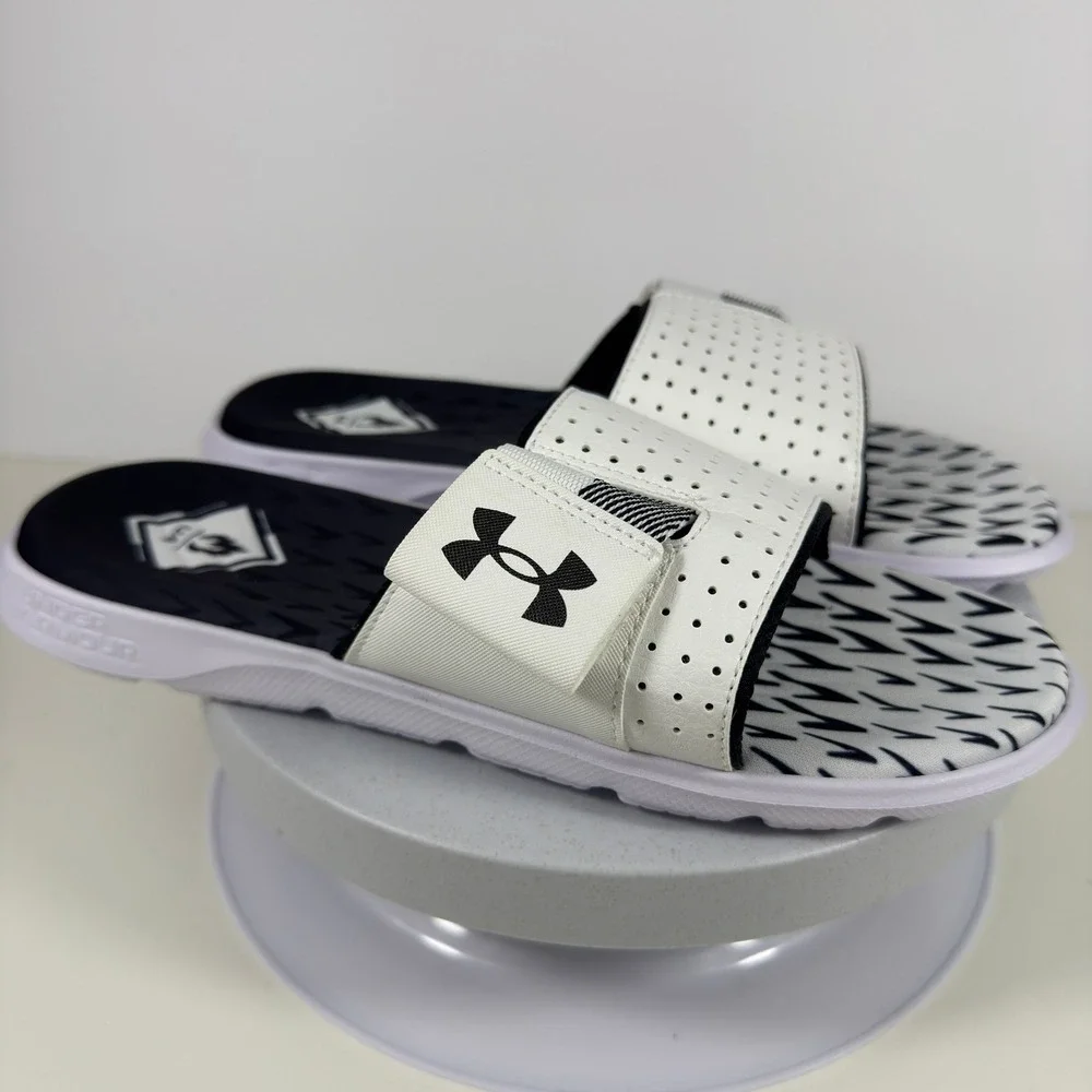 Under Armour Mens Slides Perforated Comfort Sport White Black Fit Size 9